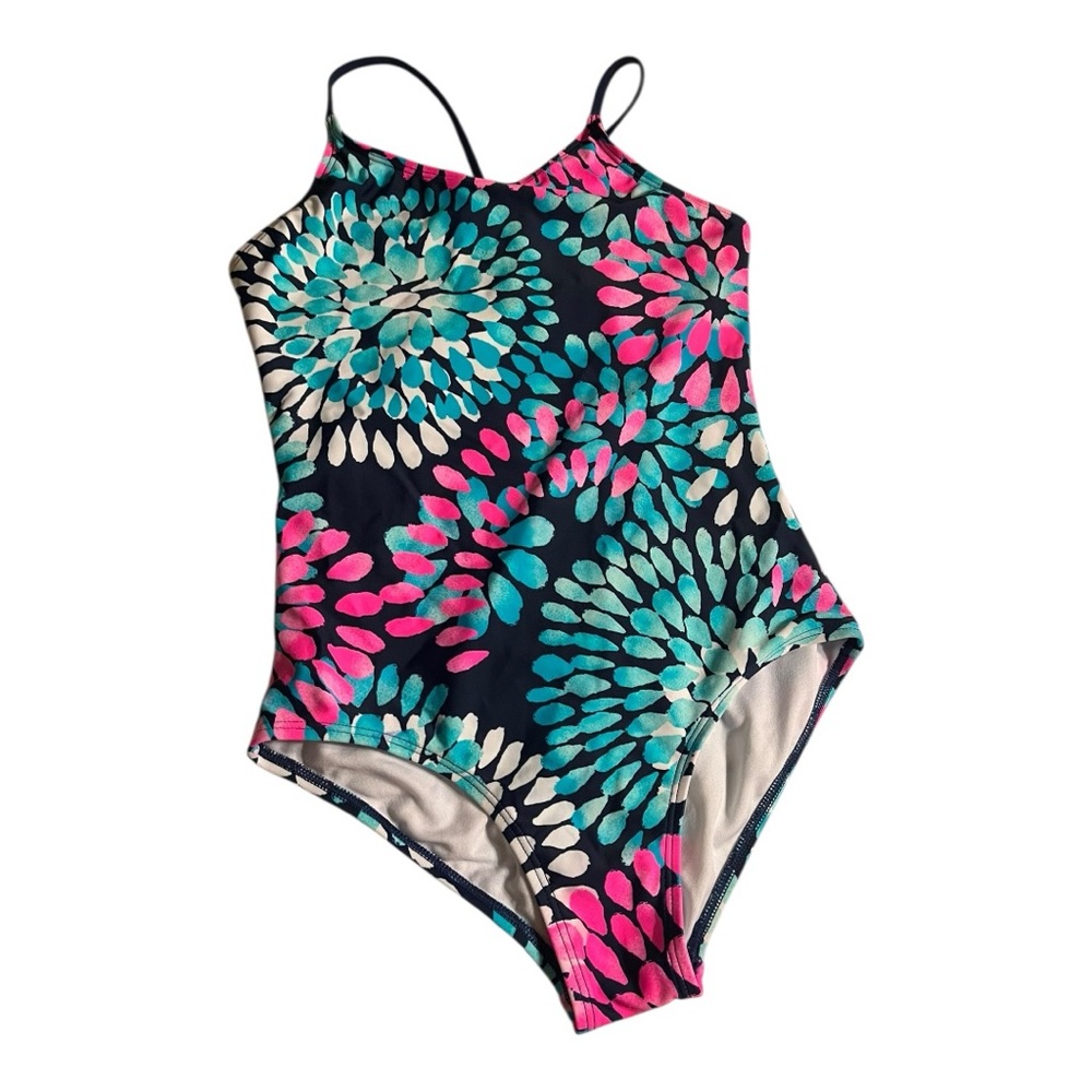 Girls Kami one piece swim suit navy pink turquoise white racer back straps sz 12